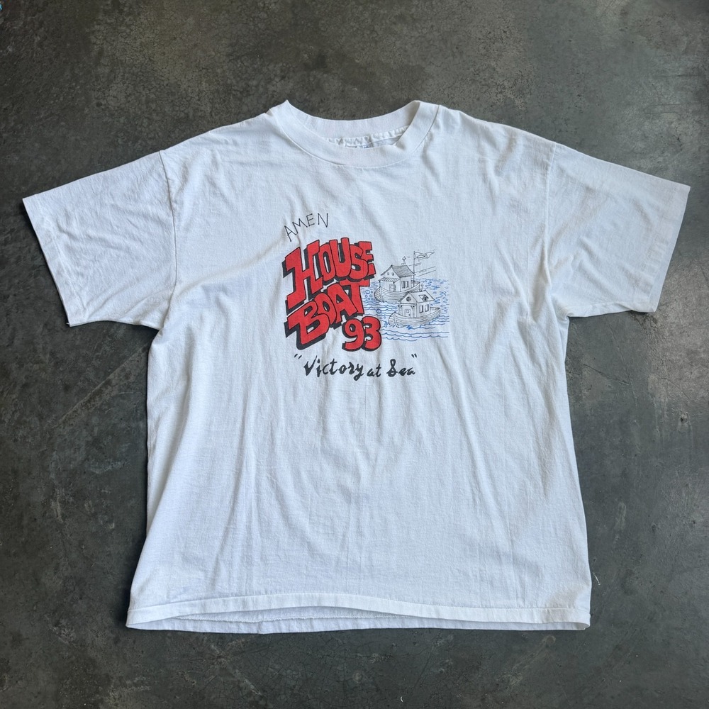 Vintage 90s Amen Boat House Victory At Sea Christian Jesus Shirt White Mens XL